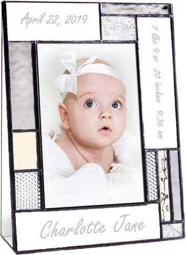 Vista 4 de Marco de fotos personalizado para bebé, vidrio grabado gris y amarillo, 4 x 6 pulgadas, decoración de cuarto de bebé, niña o niño recién nacido J