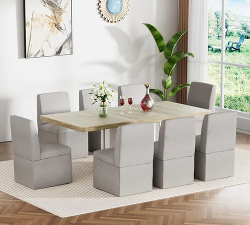 Vista 24 de Juego de mesa de comedor extensible para mesa de cocina extensible de 4, 5 piezas y 4 sillas de almacenamiento ocultas de lino tapizadas de madera