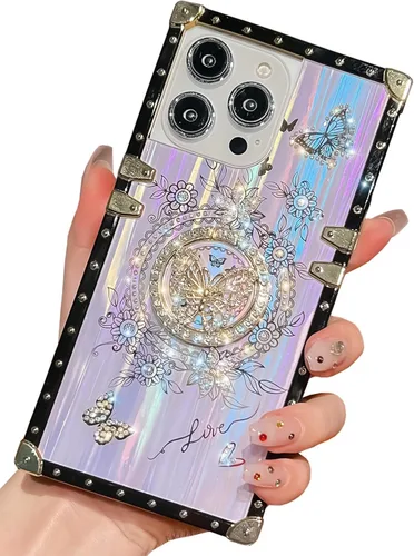Vista 20 de Funda Rectangular de Lujo Femenina Compatible con iPhone 16 Pro Max Diseñada con Soporte de Anillo de Diamante con Función de Atril