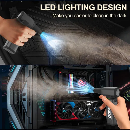 Vista 6 de Plumero de aire comprimido, 180000 rpm, potente plumero eléctrico inalámbrico con motor sin escobillas y luz LED, ventilador de polvo recargable