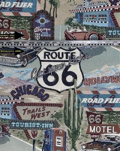 Vista 2 de FABRIC EMPIRE - Tela de tapiz clásica inspirada en la ruta retro 66, Motel, Diner, Tema de gasolinera - 56 pulgadas de ancho, vendido por el patio