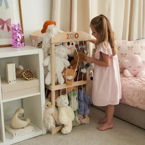 Vista 2 de Almacenamiento de animales de peluche de madera para niños – Gran organizador y soporte de almacenamiento de juguetes para la sala