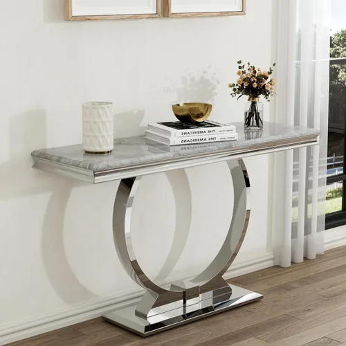 Vista 11 de ACEDÉCOR Mesa consola dorada, mesa de entrada de mármol sintético negro de lujo de 50 pulgadas con base de acero inoxidable en forma de U dorada