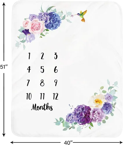 Vista 4 de Manta de hito mensual para bebé niña, manta floral para el mes del recién nacido, regalo personalizado para ducha, forro polar suave de felpa suave