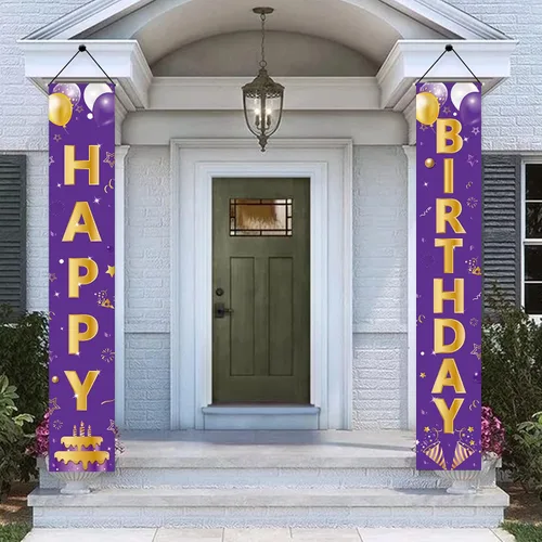 Vista 5 de Cartel de feliz cumpleaños dorado morado para puerta, letrero de feliz cumpleaños, suministros de fiesta para niñas y mujeres, 16, 21, 30, 40, 50