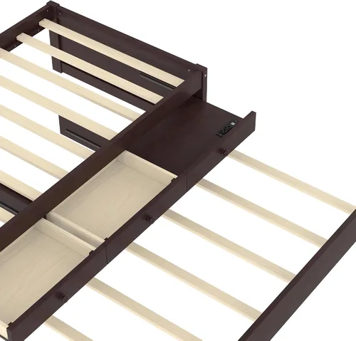 Vista 8 de Cama de plataforma individual con nido y cajones de almacenamiento, sofá cama de madera maciza con tomas de corriente y listones completamente