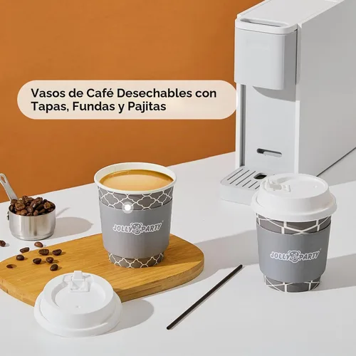Vista 6 de JOLLY PARTY [100 Sets] Tazas de papel para café de 10 onzas, tazas de café desechables con tapas, fundas y popotes, tazas para bebidas
