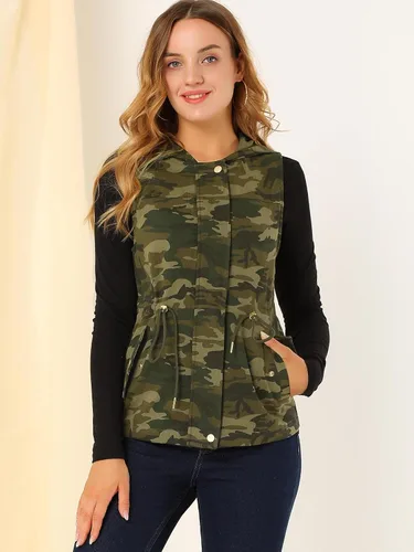 Vista 2 de Allegra K Chaleco de camuflaje con capucha y cordón en la cintura para mujer