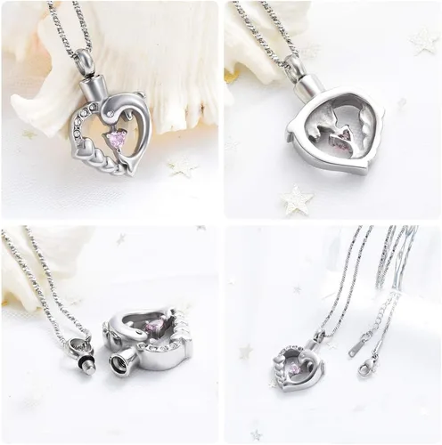 Vista 22 de Yinplsmemory Collar de urna de corazón de delfín para cenizas para mujer, colgante de urna de corazón de cristal, collar de recuerdo de cenizas