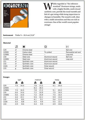 Vista 2 de Thomastik Dominant - Cuerda A para violín 4/4, calibre medio, aluminio-Perlón A String