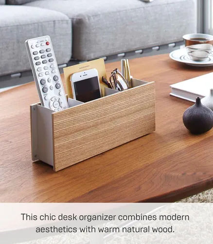 Vista 2 de YAMAZAKI Home Rin Organizador de escritorio, control remoto de TV y soporte para bolígrafos, pequeño, acero + madera