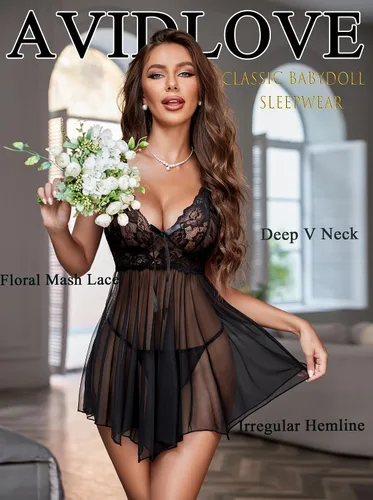 Vista 3 de Avidlove Lencería para mujer, babydoll de encaje, camisón de malla, camisón de noche, ropa interior para dormir 1-negro