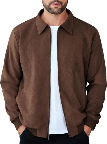 Vista 14 de COOFANDY Chaqueta bomber casual de ante para hombre, ligera, con cremallera completa, chaqueta de piel sintética vintage