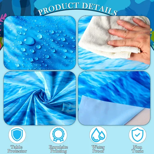 Vista 3 de Oudain Mantel redondo de plástico de 84 pulgadas con diseño de olas oceánicas, cubierta redonda para mesa de picnic con temática de océano azul