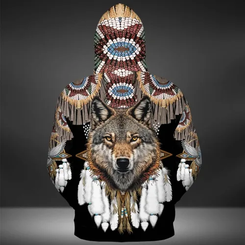 Vista 3 de SN36 - Wolf Native American Sudadera con capucha 3D Negro, Negro