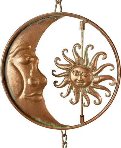 Vista 3 de Things2Die4 Cadena de lluvia de metal de 80 pulgadas con 6 discos celestiales de luna creciente y sol, acabado de bronce, alternativa decorativa