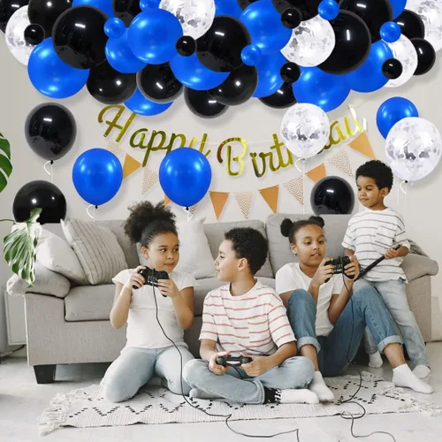 Vista 6 de Juego de globos de confeti azul rey, negro y plateado, arco de globos de confeti azul, negro y plateado para decoración de cumpleaños de bebé jefe
