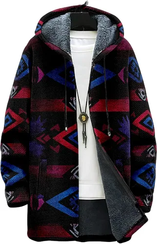Vista 23 de Chaqueta de forro polar con capucha para hombre, con estampado azteca, de algodón pesado, con cremallera, manga larga, chaqueta con capucha