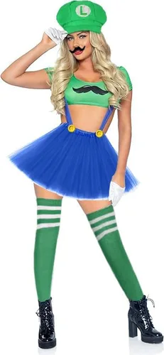 Vista 3 de ratote Disfraz de Mari y Luigi para adultos, mujeres y hombres, juego completo de accesorios de Halloween y cosplay con sombrero, bigote, guantes