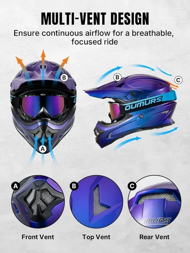 Vista 5 de OUMURS DOT Adult ATV Dirt Bike Helmet with Goggles Gloves & Mask Adjustable Sun Visor Motorcycle Adults Helmet Off-Road Motocross Downhill Moped MX