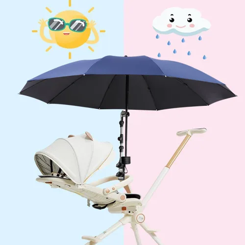 Vista 5 de Sombrilla para cochecito de bebé, montaje ajustable de 360°, impermeable, sombrilla para cochecito para todo tipo de cochecitos (azul)