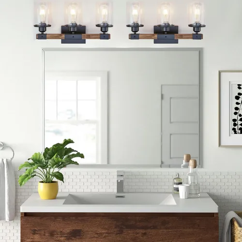 Vista 3 de Luminarias de Baño de 3 Luces, Luz de Tocador de Baño Estilo Granja Madera Rústica Industrial Vintage Negra Pequeña Lámpara de Pared Aplique sobre