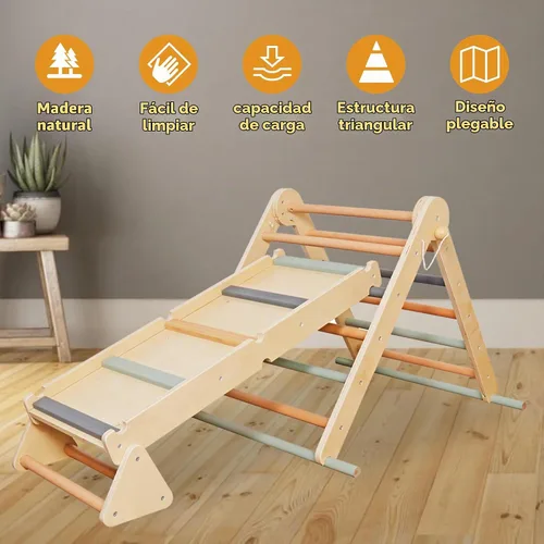 Vista 3 de Juego de escalada plegable para niños con escalera, rampa, haz de equilibrio; juguetes de escalada de madera triangular para niños pequeños de 1 a 3