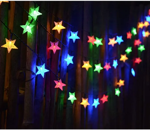 Vista 8 de 50 pies 120 LED luces de cuerda solares de hadas para exteriores, impermeables, luces decorativas de estrella centelleante para jardín, poste