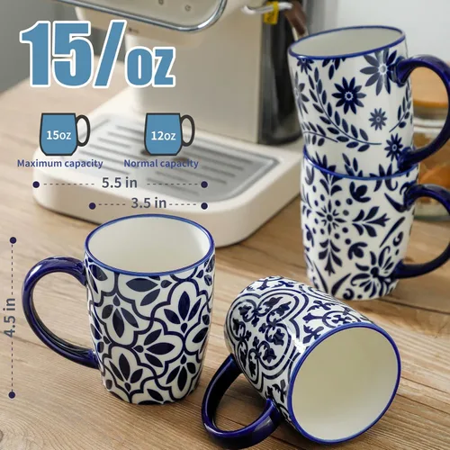Vista 2 de HASENSE Tazas de café de 15 onzas, juego de 4 tazas de café de cerámica con patrones florales azules y blancos, juego de tazas de porcelana