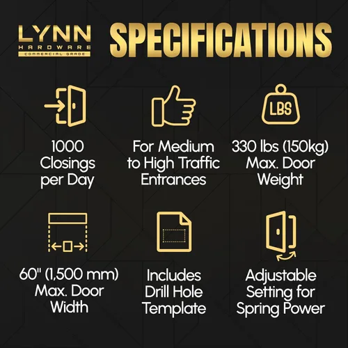 Vista 3 de LYNN HARDWARE Cierrapuertas automático de servicio medio/resistente (plateado) - grado comercial, elección de contratistas, velocidad y fuerza