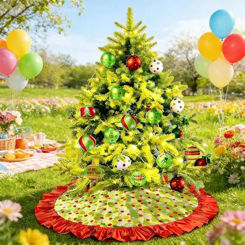 Vista 11 de Yuboo 24" Falda de árbol de Navidad de puntos rojos y verdes - Falda de árbol de mesa pequeña con volantes, tapete de árbol de Navidad mini