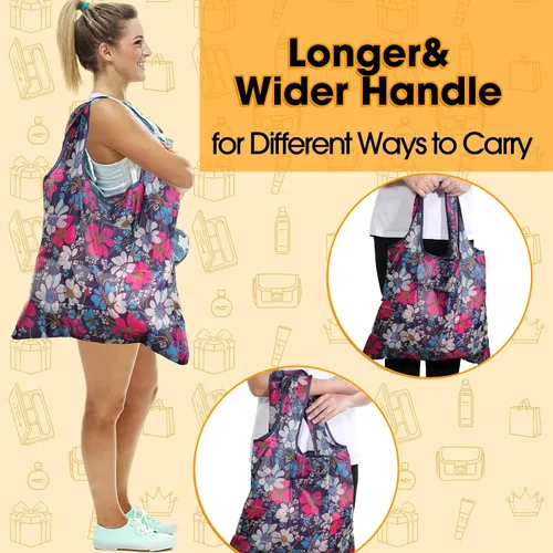 Vista 2 de Paquete de 9 bolsas de comestibles reutilizables, bolsas de compras plegables, bolsa de nailon con asas, lavable, grande, ligera