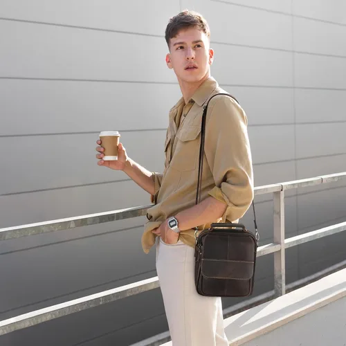 Vista 6 de BAIGIO Pequeña bolsa de mensajero de cuero para hombre, bolso de hombro cruzado, bolso vintage para hombre para Ipad Travel Bussiness