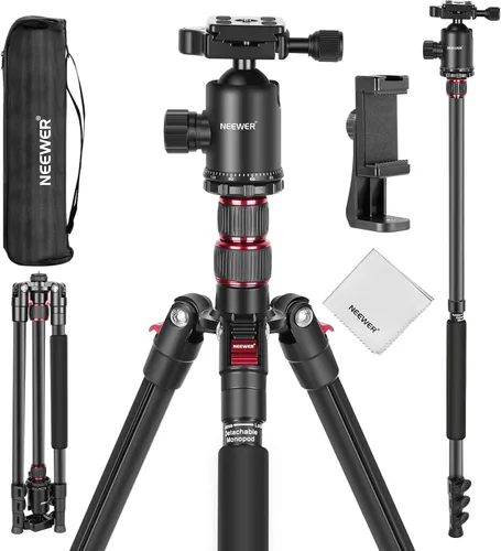 Vista 10 de NEEWER Basics - Trípode de viaje de 66.5"/169 cm para cámara, soporte DSLR portátil ligero con cabeza de bola, placa QR tipo Arca, soporte
