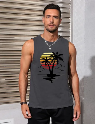 Vista 3 de Camisetas sin mangas con gráficos para hombre, camisetas musculares hawaianas para playa, árbol de coco hawaiano, camisetas sin mangas patrióticas