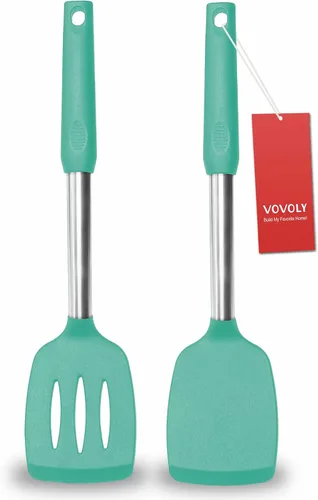 Vista 11 de Paquete de 2 espátulas, juego de espátulas de silicona sólida y ranurada, mango de acero inoxidable recubierto con silicona, espátulas Caqui
