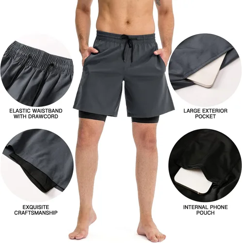 Vista 4 de Lixada Mens Running Shorts Quick Dry Breathable Workout Shorts with Inside Phone PocketZipper Side PocketsWaist Pockets