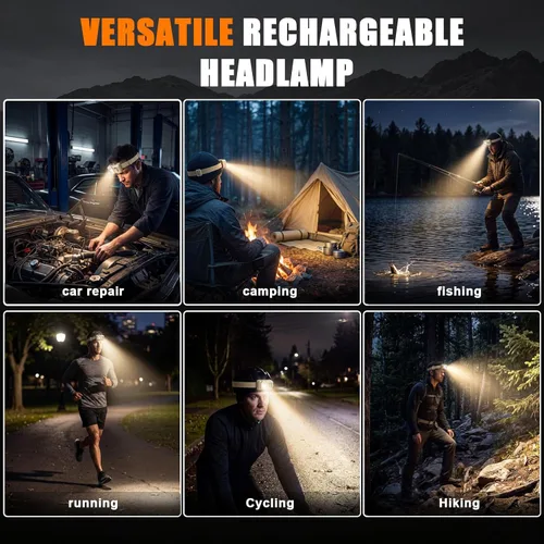 Vista 7 de Linterna frontal LED recargable, linterna súper brillante con luz roja Motion sensor head lights for forehead, 5 modes, lightweight & waterproof