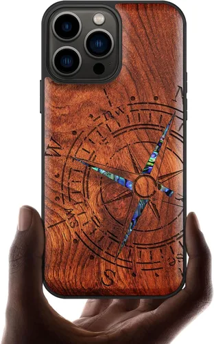 Vista 12 de Carveit Funda protectora de madera de diseñador para iPhone 13 Pro Max, cubierta magnética, grabado en madera e incrustaciones de concha, funda