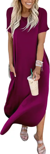 Vista 5 de ANRABESS Vestido Maxi de Verano para Mujer de Manga Corta, Vestido Casual, Largo, Suelto, de T-Shirt, con Corte Vacacional de Playa, Vestido de Sol