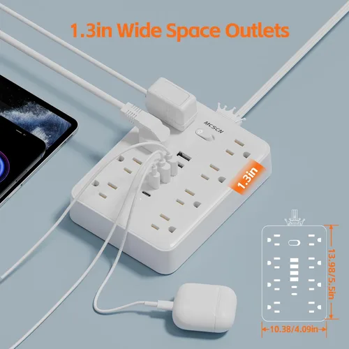 Vista 4 de Tira de alimentación ultra delgada con protector de sobrecarga y sobretensión, enchufe de pared plano con 8 tomas de CA y 6 USB (2 USB C)