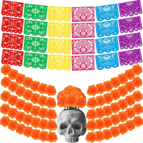 Vista 8 de Cartel de fiesta mexicana de Halloween, 124 unidades, papel picado, Día de los Muertos, banderines de fiesta, Día de los Muertos, flores muertas