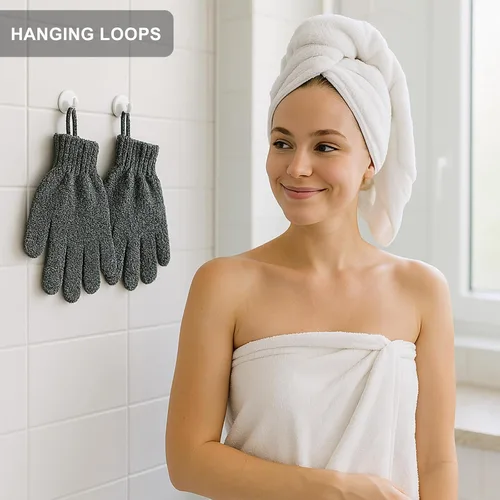 Vista 7 de Guantes exfoliantes con lazo para colgar, 1 par de guantes de baño y ducha de carbón de bambú, guantes de baño para exfoliación de ducha y cabello