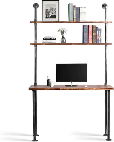Vista 3 de LOKKHAN Escritorio industrial para portátil de 79 pulgadas, escritorio de madera maciza, escritorio de pared con estantes, mesa de computadora