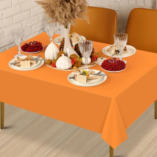 Vista 8 de 4 manteles rectangulares de plástico desechables para otoño, color amarillo, naranja, verde, café, para otoño, cosecha, día de Acción de Gracias
