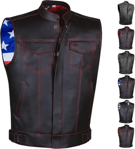 Vista 10 de SOA - Chaleco de motocicleta para hombre, piel de búfalo de alta calidad, armadura trasera, bolsillos interiores, chalecos de club de motociclista
