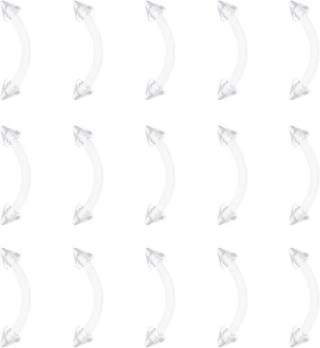 Vista 12 de FECTAS Aretes de plástico flexible transparente de 16G y 14G, anillos para cejas, barras curvadas, retenedores para piercing de vientre, 15