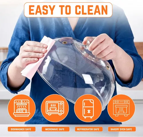 Vista 5 de Cubierta de vidrio para salpicaduras de microondas, cubierta de vidrio de borosilicato de 10 pulgadas con asa, incluye guantes resistentes al calor