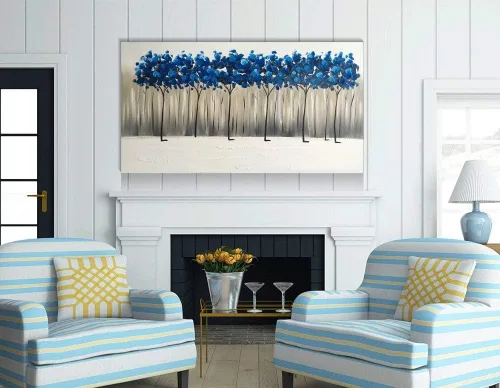 Vista 6 de Yihui Arts - Pintura al óleo de árbol azul pintado a mano en lienzo, paisaje moderno abstracto, obra de arte para pared, decoración para sala