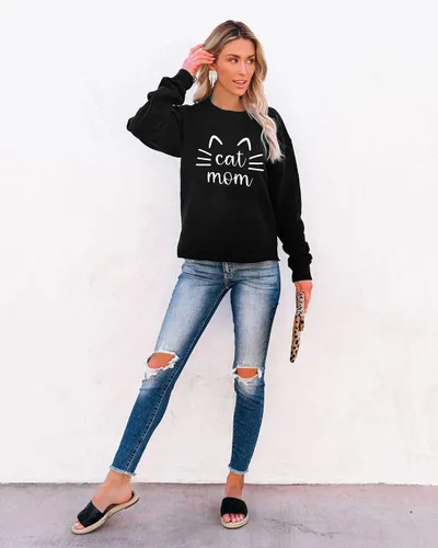 Vista 4 de Sudadera con diseño de gato y mamá para mujer, camiseta de manga larga con estampado de letras
